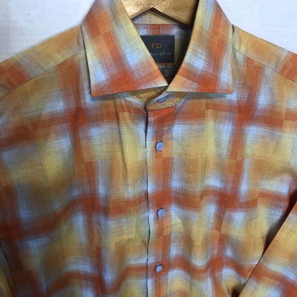 Thomas Dean Men's Long Sleeve Button Down Orange Yellow Plaid Shirt Medium - Picture 1 of 11